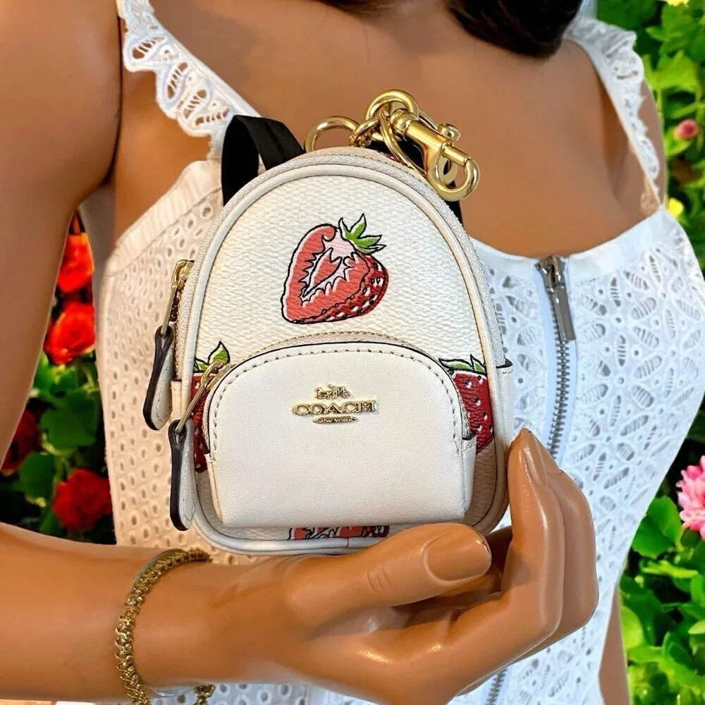 Coach Strawberry Print Mini Backpack Bag Keychain Coin Purse Charm NWT